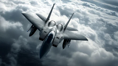 Stealth fighter jet slicing through stormy cloudscape.