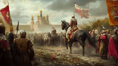 Stormbound knights encircle a golden-spired citadel at dusk.