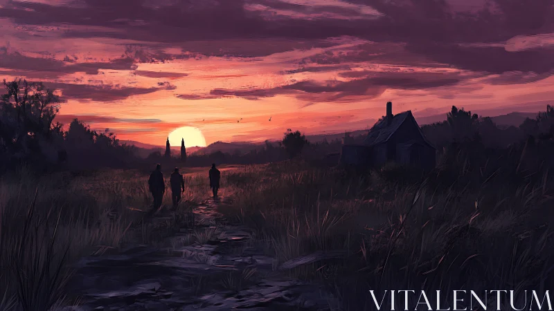 Sunset journey along a rural path toward distant hills.