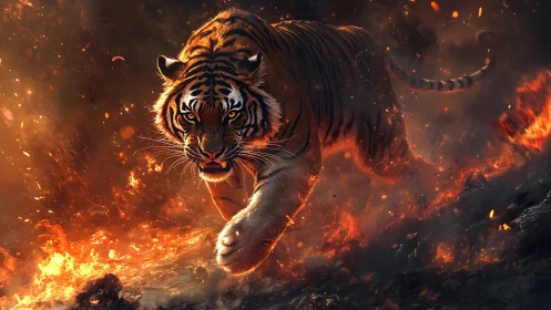 Tiger charges through blazing inferno with molten embers