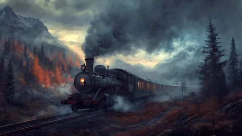 Steam locomotive crossing misty autumn valley at dusk