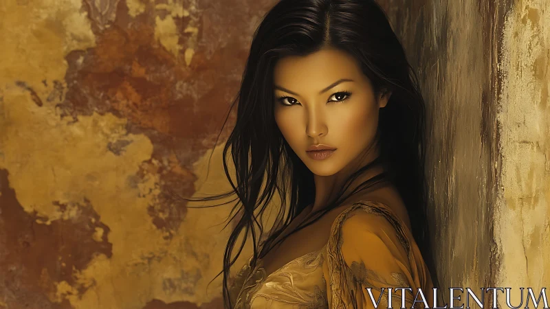 Cinematic portrait of woman against textured ochre wall