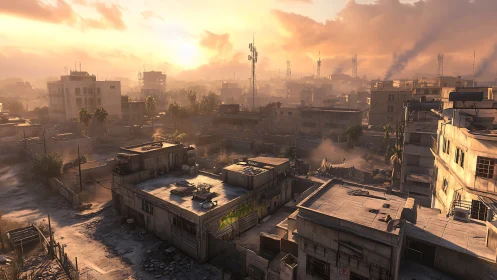 Photorealistic war-torn urban skyline at smoke-filled sunset.