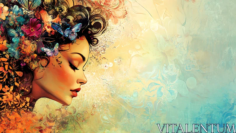 Profile portrait with butterflies and abstract floral elements.