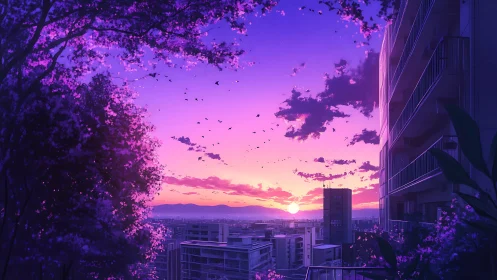 Violet city sunset glows beyond quiet apartment balconies.