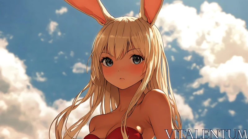 Blonde bunny girl under vivid blue sky with soft clouds.