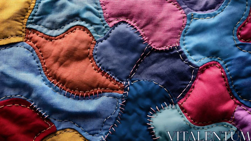 Close-up view of colorful hand-stitched patchwork quilt.