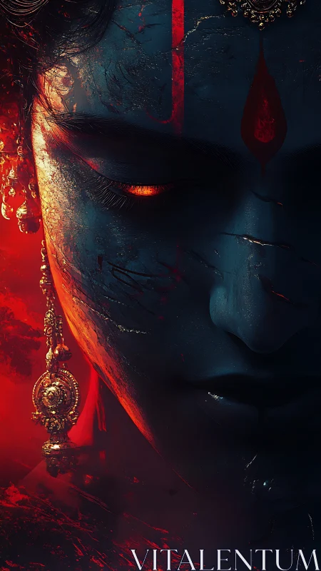 Mythic blue visage rendered in high-contrast digital chiaroscuro