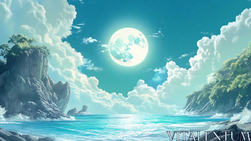 Luminous full moon above quiet coastal cliffs and sea.