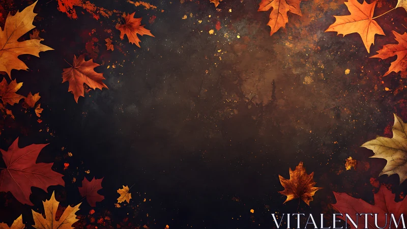Autumn maple leaves frame around dark textured background.