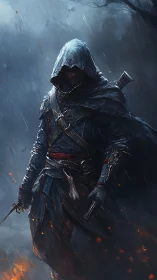 Hooded rogue warrior stands armed in dark stormy forest.