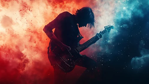 Silhouette guitarist ignites stage amid red blue cosmic haze.