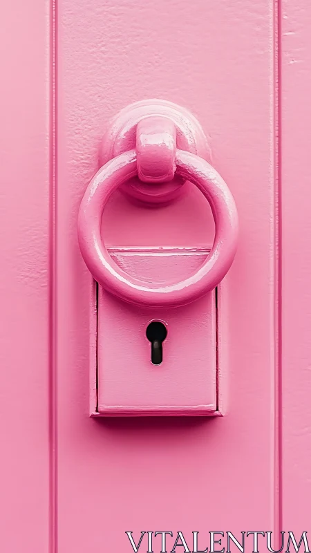 Pink painted metal door knocker and lock are centrally framed