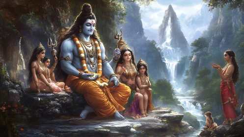 Hindu deities seated in a serene mountain landscape scene.