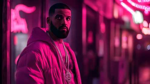 Man in pink neon street scene wearing padded jacket.