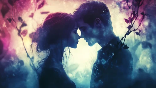 Silhouetted Figures with Double Exposure Floral Elements