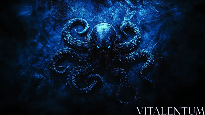 Glowing deep sea octopus spreading luminous blue mystery.