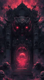 Demonic gate frames a glowing red portal beneath skulls