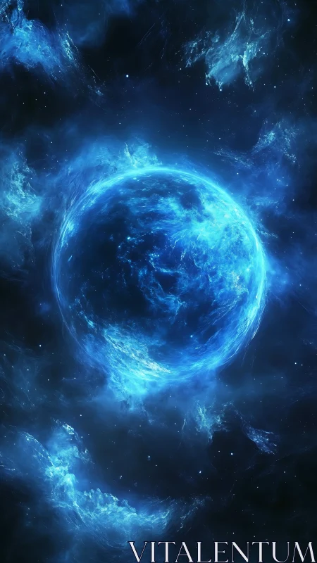 Plasma-illuminated exoplanet within turbulent blue nebular field.
