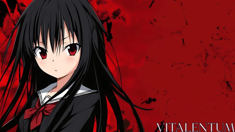 Quiet crimson-gaze heroine against stormy red sky.