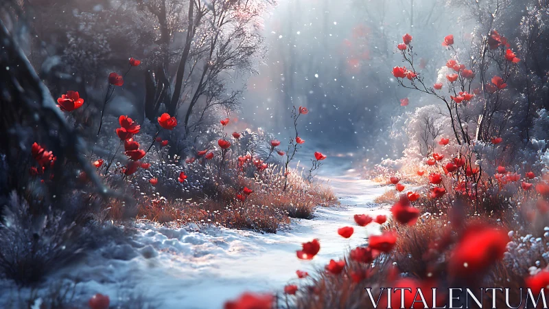 Winter path glows as bright red flowers gently warm the snow