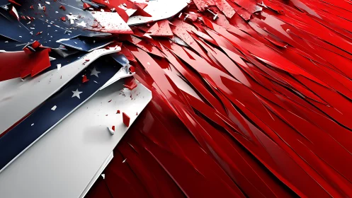 Shattered flag shards explode with dynamic red motion.