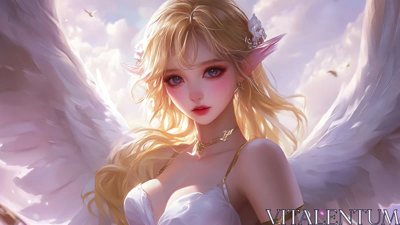 Golden haired elf angel gazes softly through glowing clouds