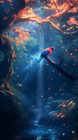 Scarlet forest bird overlooks misted waterfall at dusk.
