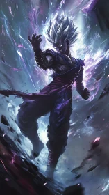 Silver‑haired warrior channels explosive cosmic energy surge