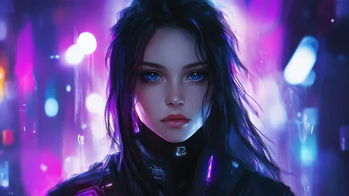 Cybernetic neon portrait of blue-eyed operative in flux field.