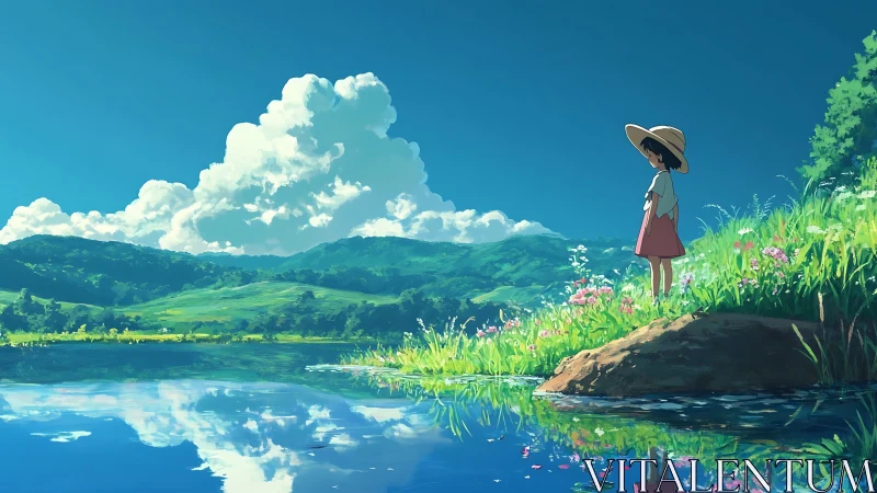 Anime landscape study with reflective lakeside composition.