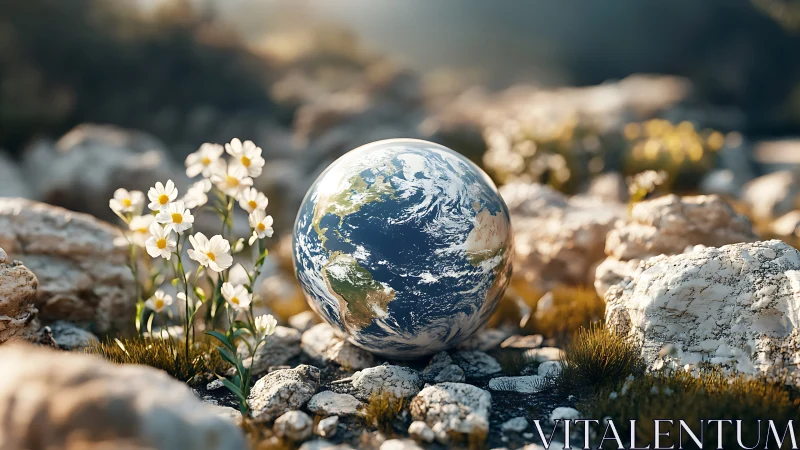 Gentle wildflowers cradle a tiny Earth resting among stones
