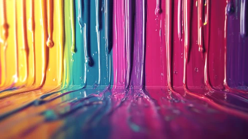 Vertical streams of multicolored glossy liquid paint.