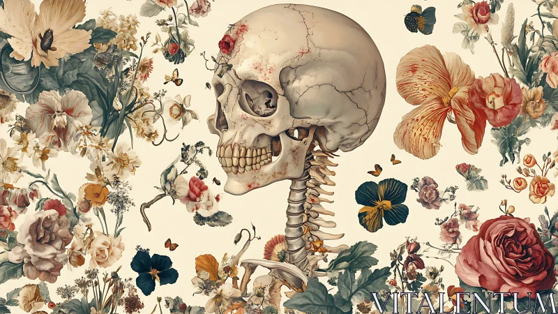 Human skull blooms within intricate baroque floral field.