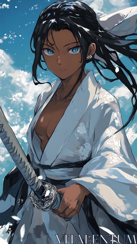 Sword-wielding warrior in white kimono under dynamic sky