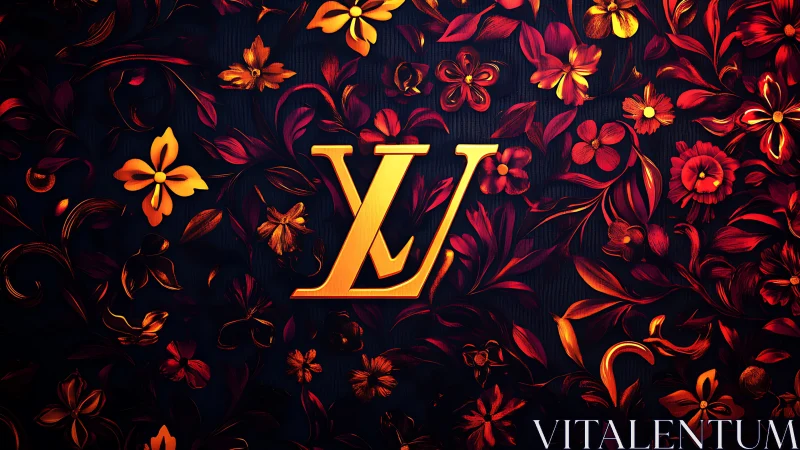 Gold LV monogram on red floral abstract background.