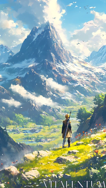 Epic digital painting landscape with lone adventurer figure.