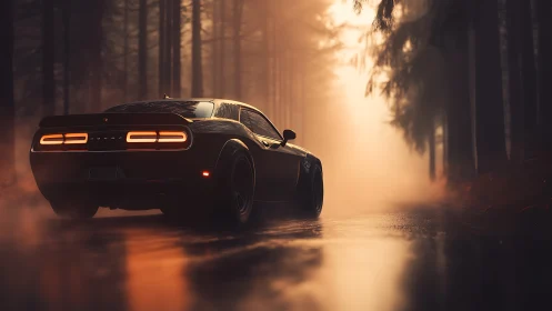 Midnight muscle car cruising through misty forest light.