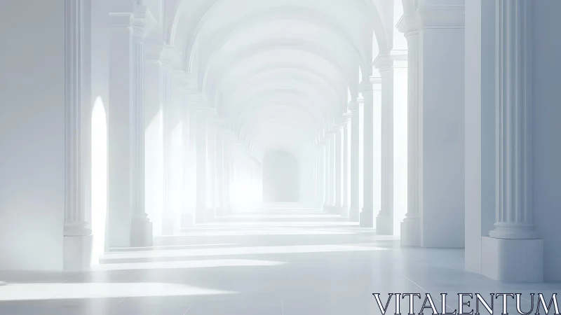 Luminous neoclassical corridor dissolving into soft haze.