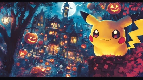 Pikachu in glowing Halloween yard before lit haunted house.
