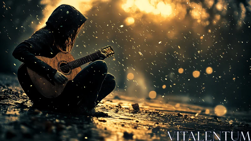 Rainy street guitarist wrapped in golden evening light.