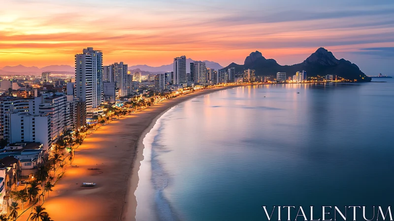 Coastal city skyline with illuminated beachfront at dusk.