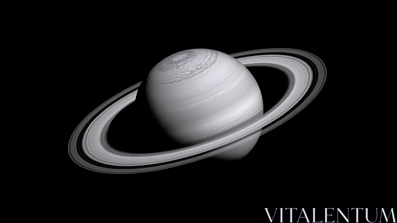 Monochrome Saturn render shows ring stratification and polar storm