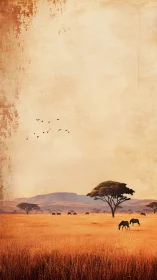 Golden savanna zebras graze under lone acacia at dusk.