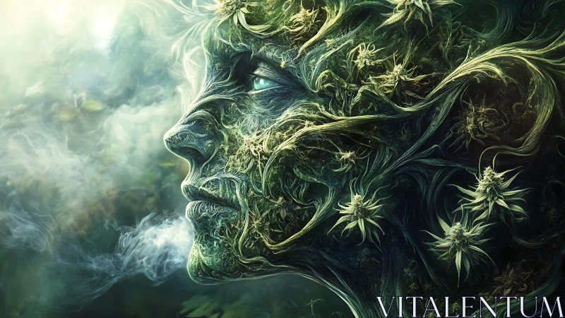 Surreal plantlike human face merging with swirling smoke.