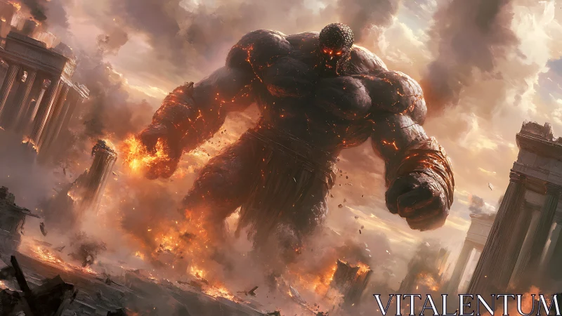 Colossal molten titan devastates neoclassical cityscape in flame