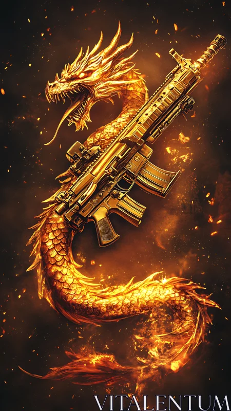 Golden serpentine dragon coils around tactical assault rifle in flames