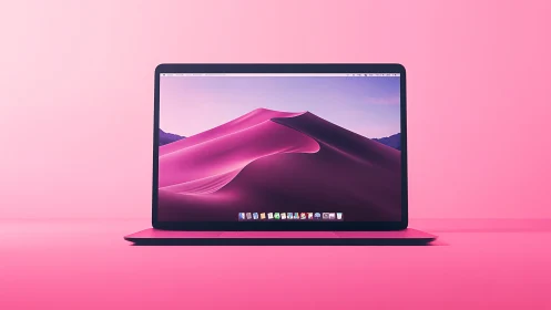 Laptop computer on monochrome pink studio background.