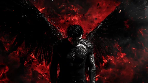 Fallen shadow angel rises in embers of crimson chaos.