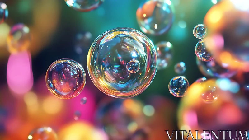 Floating translucent soap bubbles with multicolor bokeh field.